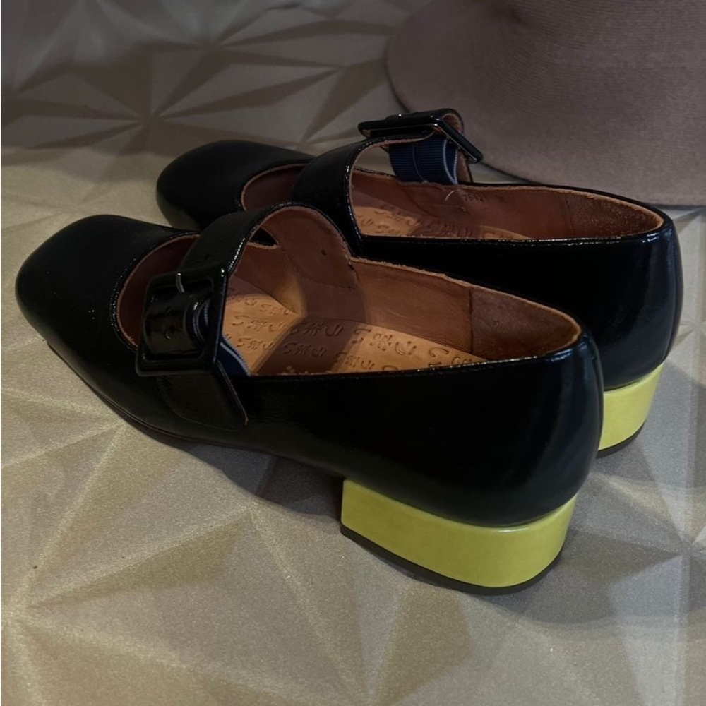 Chie Mihara black leather yellow block heel Mary Janes luxury made in Spain - Picture 6 of 10